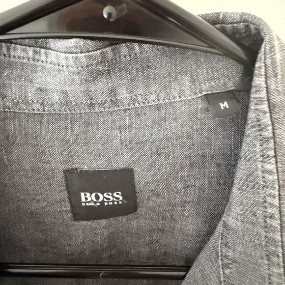 Charcoal Linen Button Up Shirt Mens Long Sleeve Minimalist Lightweight Medium - Picture 3 of 6